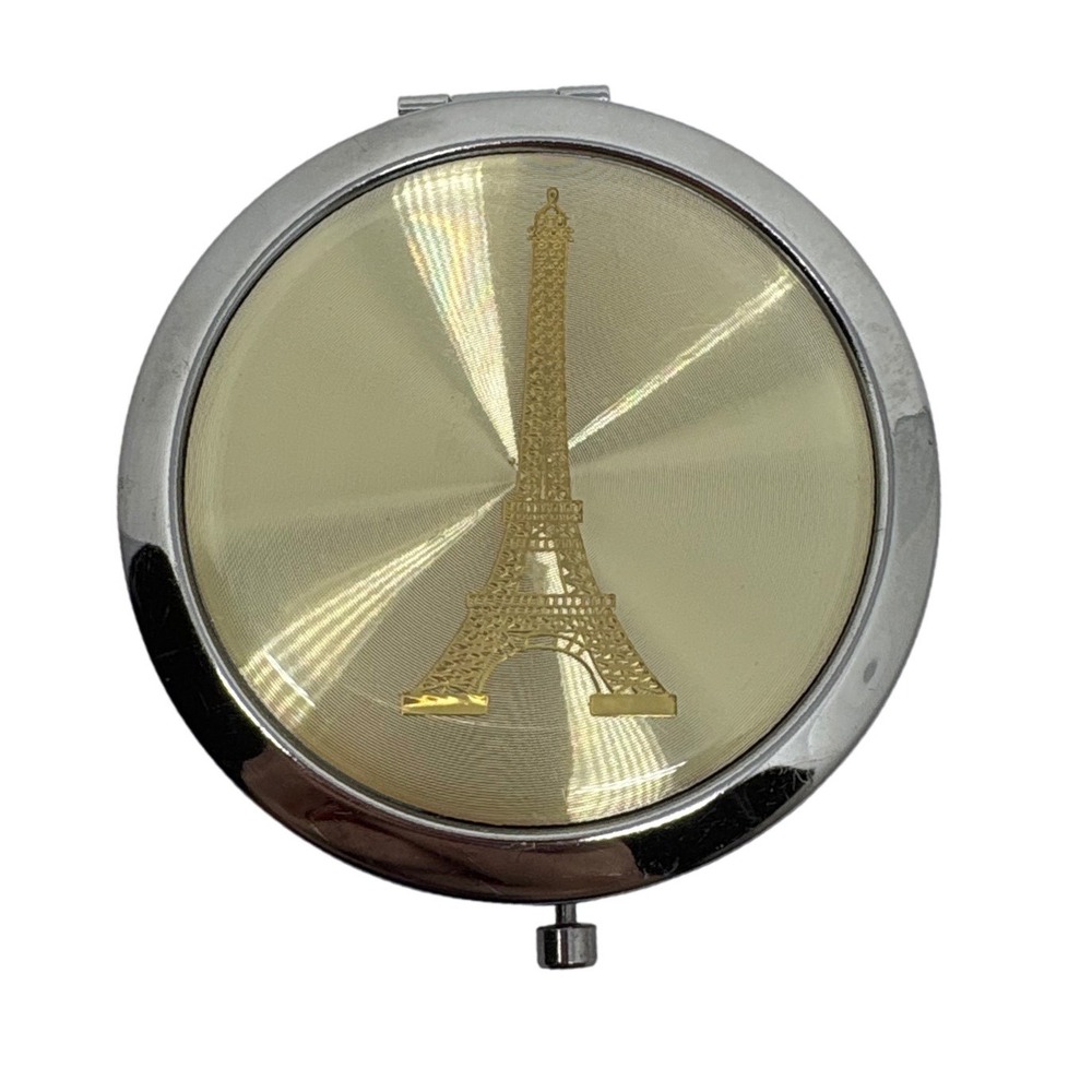 Vintage Eiffel Tower Compact‎ Mirror Silver Gold Paris Travel Makeup Pocket Case